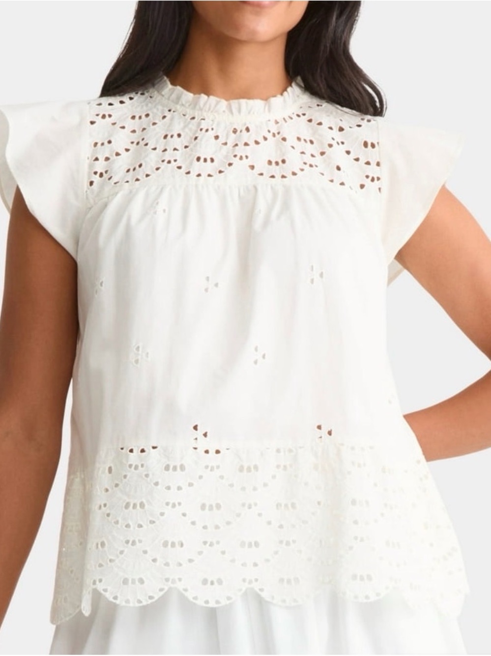 Time and Tru White Eyelet Flutter Sleeve Blouse